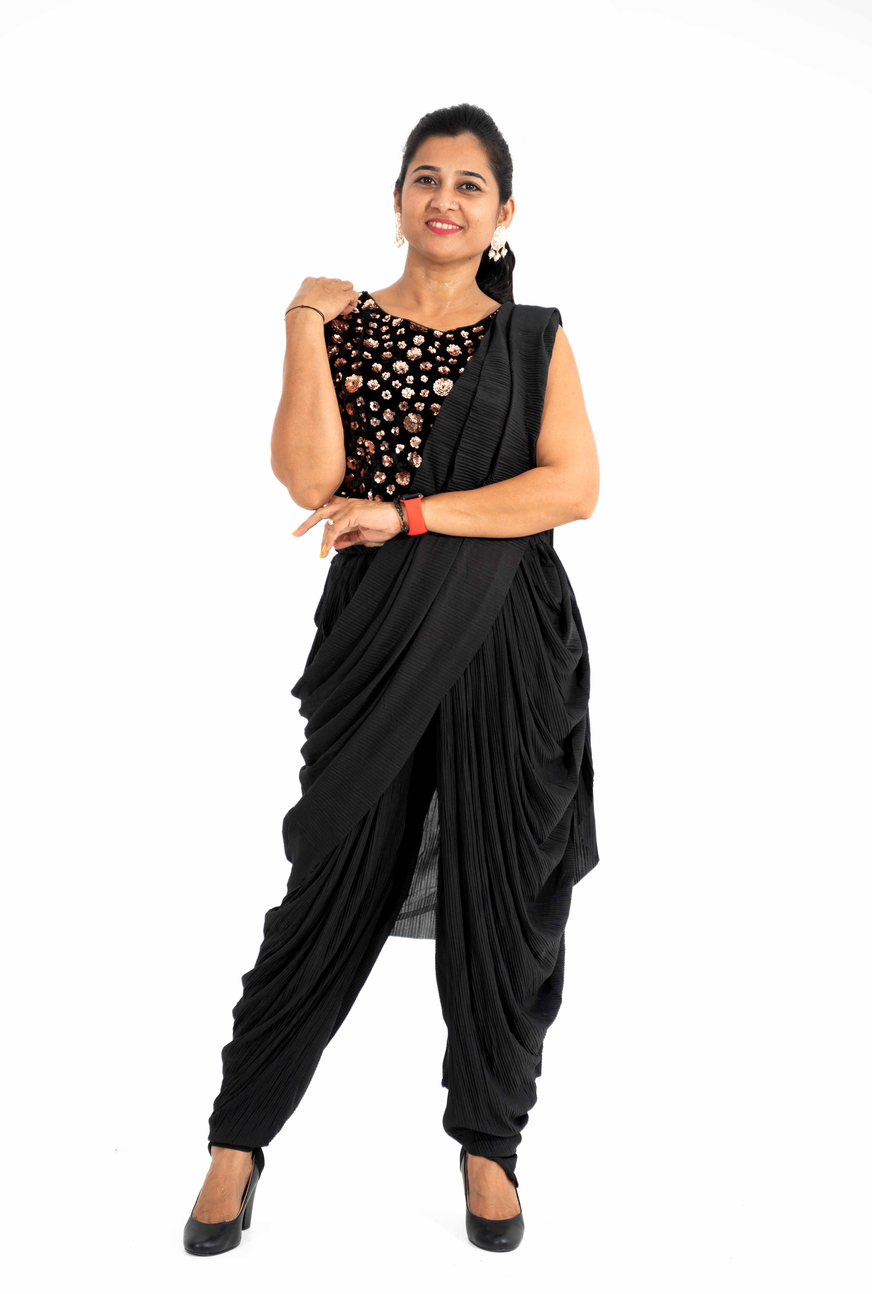 Quench A Thirst Pre-draped Dhoti Saree With Blouse | Black, Floral, Modal  Silk, Square Neck, Sleeveless | Dhoti saree, Blouses for women, Black  embroidered blouse