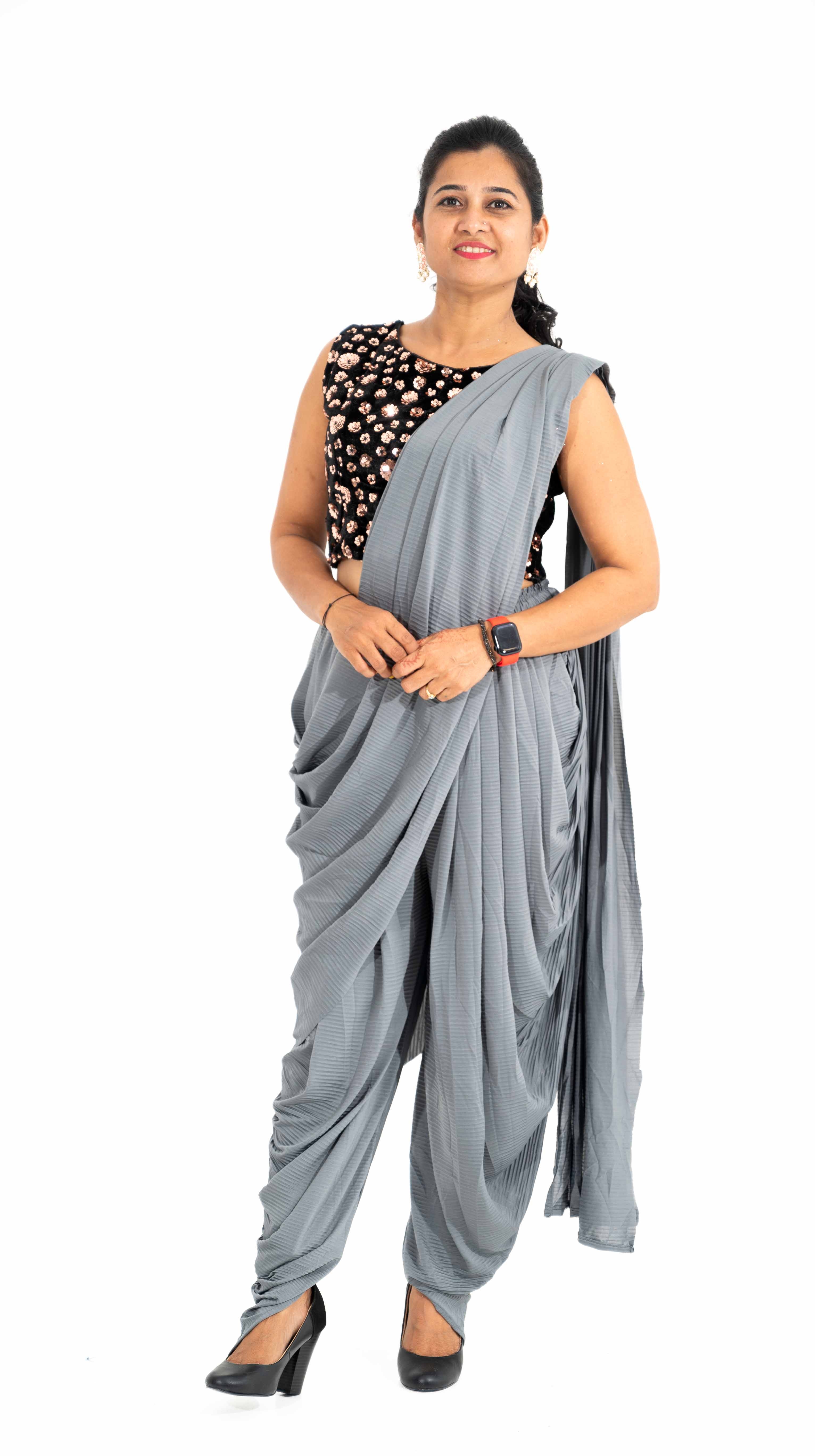 Silver Grey Silk Ready To Wear Draped Saree - Jasmine Bains